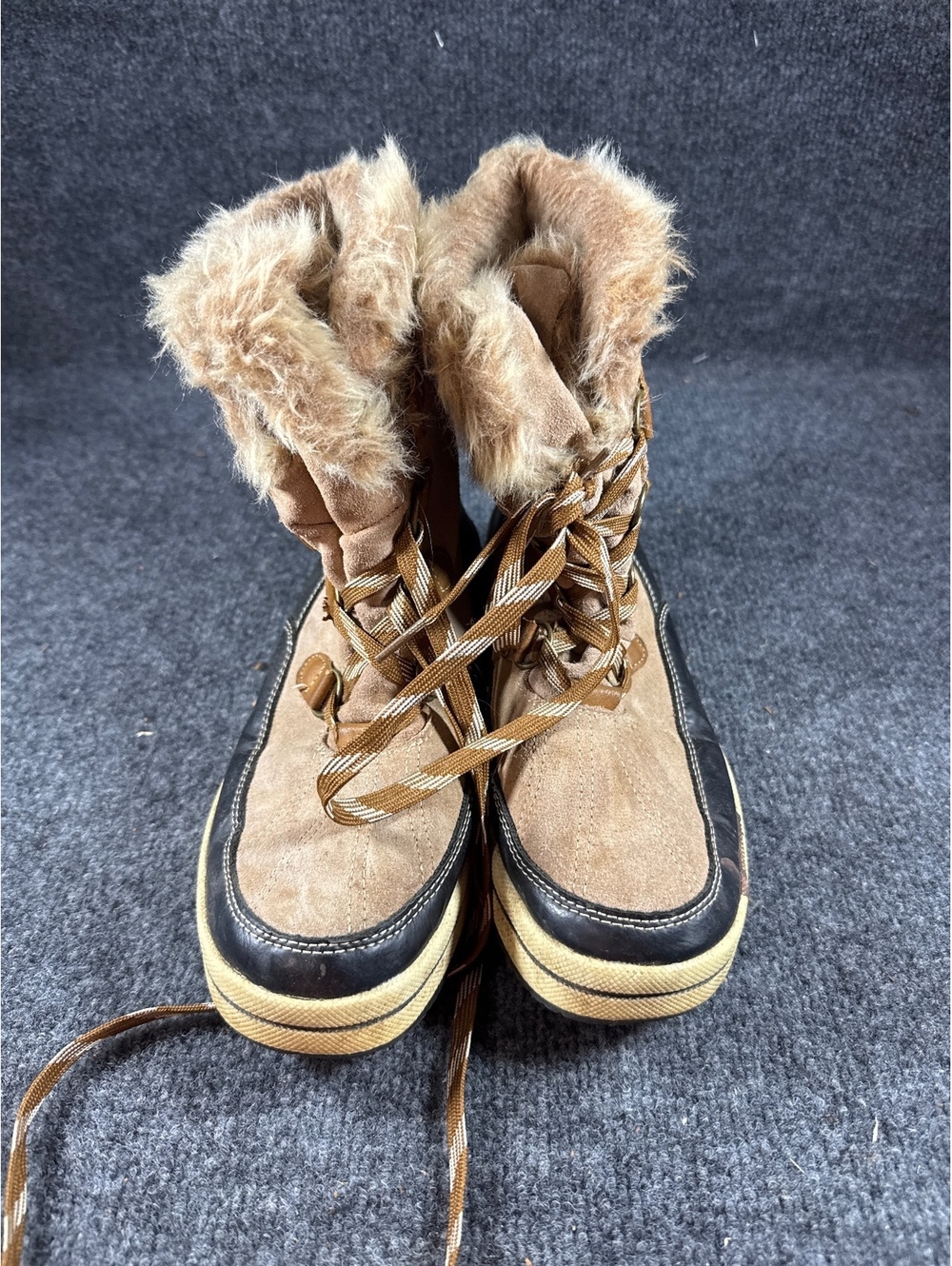 Weatherproof Womens Size 9 Winter Boots Brown Faux Fur Lace Up Snow Boots